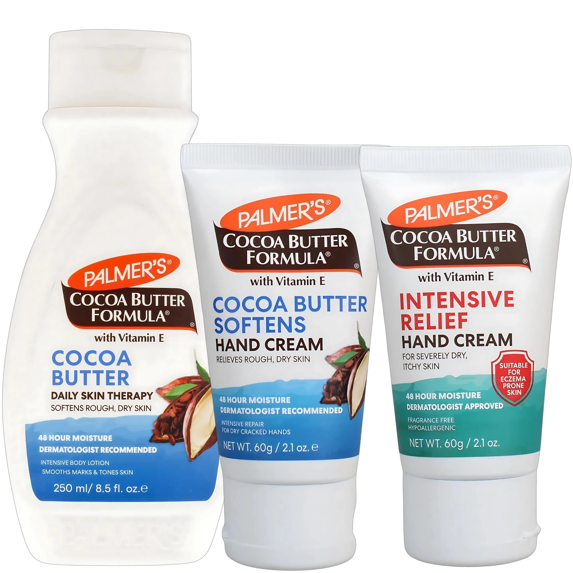 Palmer's Cocoa Butter Hand and Body Moisturiser Bundle - Daily Skin Therapy Body Lotion 250ml, Softens Hand Cream 60g and Intensive Hand Relief Cream 60g