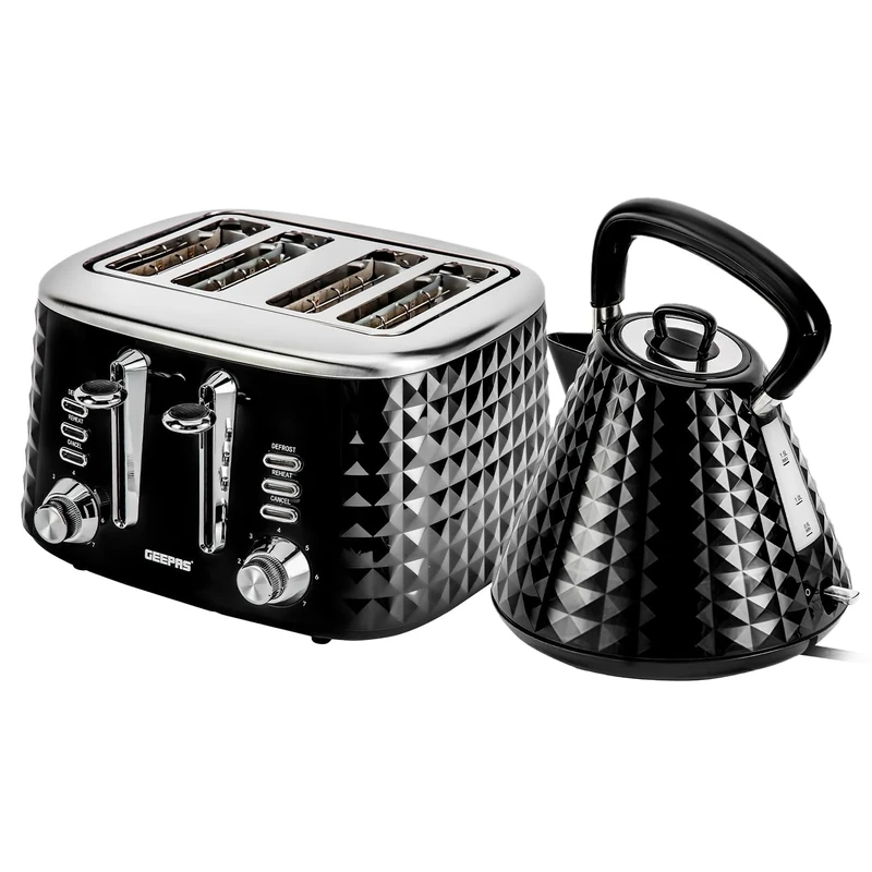 Geepas 4 Slice Bread Toaster & 1.5L Cordless Electric Kettle Combo Set with Textured Design – 1750W Toastie Machine with 7 Browning Control - 3000W Pyramid Kettle with Auto Shut Off & Boil Dry Sensor
