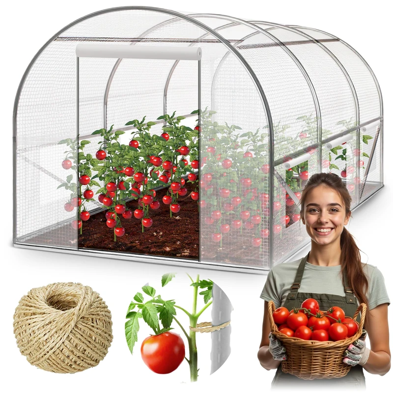 Plonos Polytunnel Greenhouse with Frame Steel Set with Plant Supports Accessories 2 x 3.5 x 2 m 7 m2 White