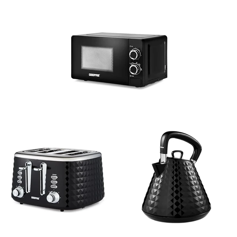 Geepas Electric Kettle 4 Slice Bread Toaster & Microwave Kitchen Set | 3000W 1.5L Traditional Pyramid Kettle | 1750W Toaster with 7 Level Browning Control | 700W Solo Manual Dial Microwave 20L | Black