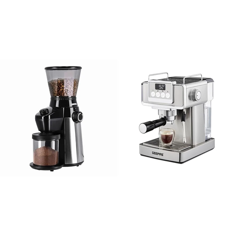 GEEPAS Espresso Coffee Machine & Conical Burr Coffee Grinder Combo Set | 1465W Coffee Maker with Milk Frother | Electric Coffee Grinder with 15 Precise Grind Settings, 350g Capacity, Burr Mill