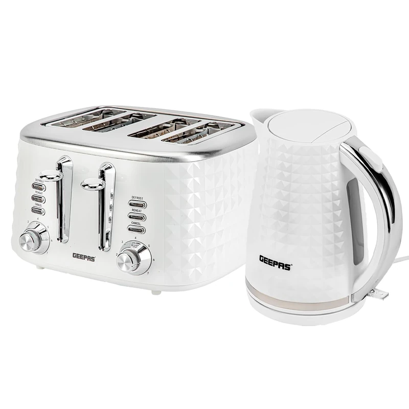 Geepas 4 Slice Bread Toaster & 1.7L Cordless Electric Kettle Combo Set with Textured Design – 1750W Toastie Machine with 7 Browning Control - 2200W Kettle with Auto Shut Off & Boil Dry Sensor - White