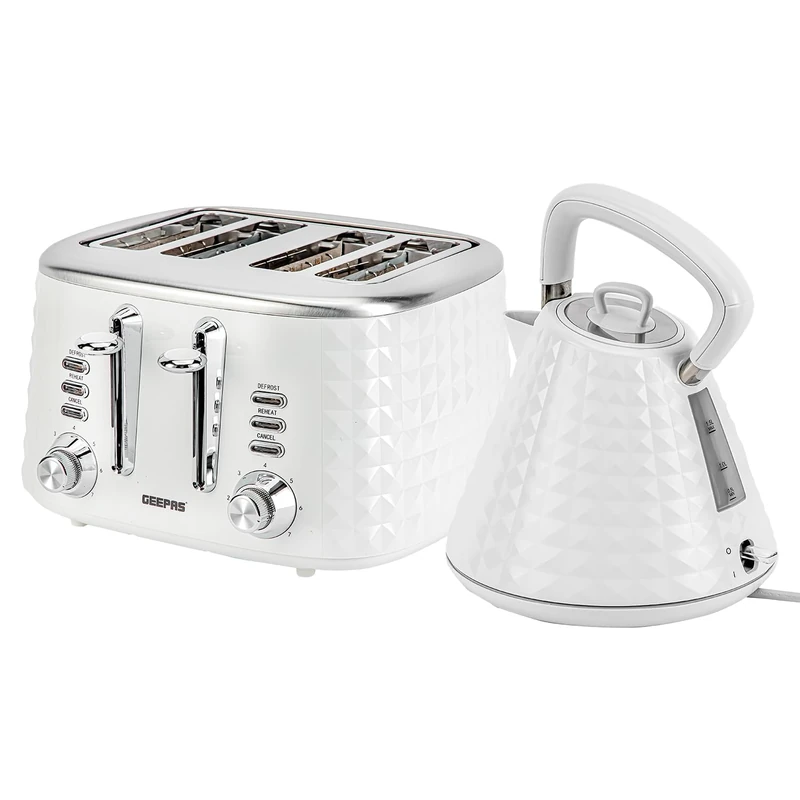 Geepas 4 Slice Bread Toaster & 1.5L Cordless Electric Kettle Combo Set with Textured Design – 1750W Toastie Machine with 7 Browning Control - 3000W Pyramid Kettle with Auto Shut Off & Boil Dry Sensor - Image 1