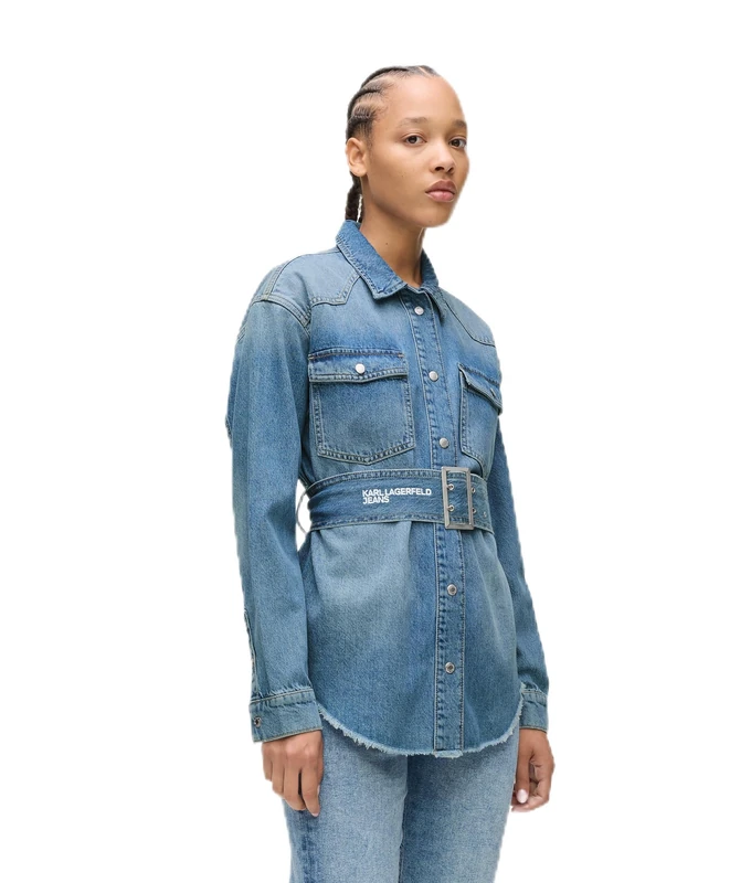 KARL LAGERFELD JEANS Women Denim Belted Shirt Washed Blue L