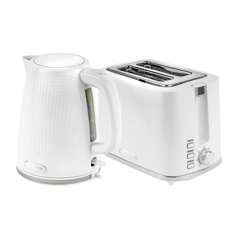 Geepas 1.7L 3KW Cordless Electric Kettle, 900W 2 Slice Bread Toaster Combo Set | 360° Rotational Base Concealed Heating & Otter Control 7 Level Browning Control Crumb Tray Premium Design, White | Opus - Image 1