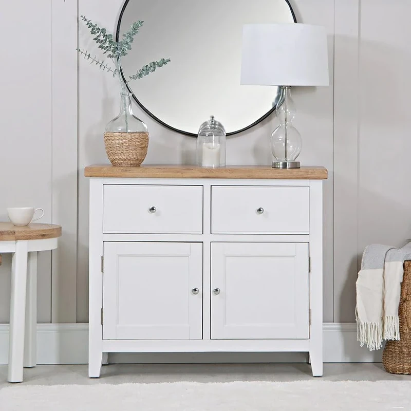 Home Source Assembled Oak Living Room Sideboard Cabinet, Solid Oak Veneer, 2 Storage Drawers, White Painted Finish