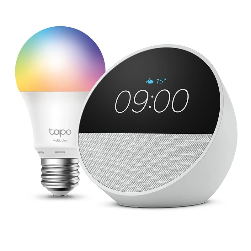 Echo Spot | Glacier White + Tapo L530EA Smart Light Bulb (E27), Works with Alexa - Smart Home Starter Kit, with Alexa+ Early Access