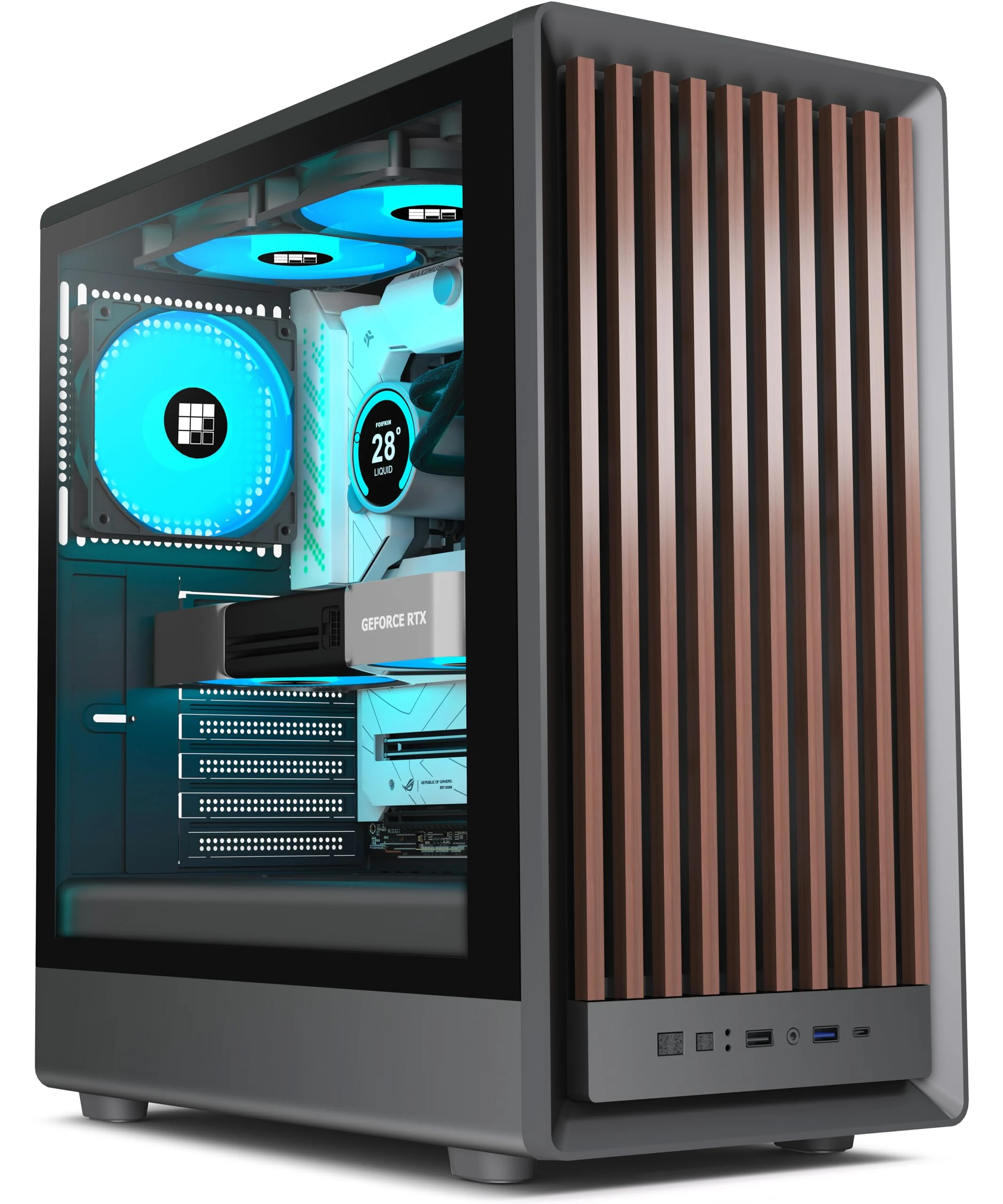 FOIFKIN M1 PC Case - Wood Walnut front, Pre-Installed 4 PWM ARGB Fan, ATX Mid-Tower Gaming PC Case, With Type-C (Black, M1)