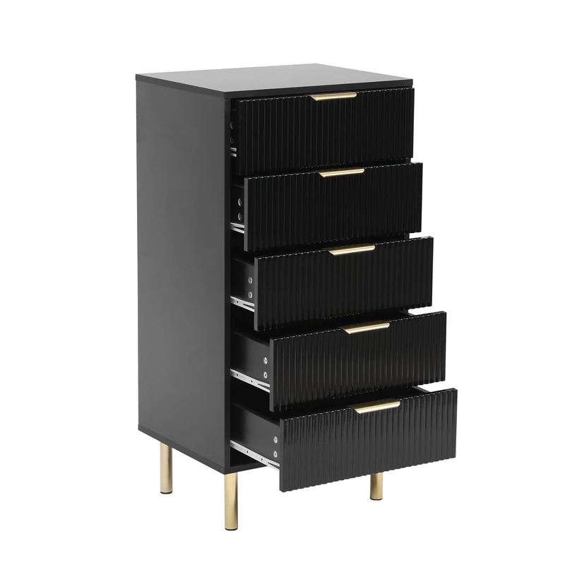 MMT Chest of Drawers, White Gloss, Fluted Storage Drawers with Gold Handles & Legs, 3 or 5 Drawer Options, Elegant Chest of Drawers Bedroom Furniture for Stylish Organization (Black 5 Drawer)