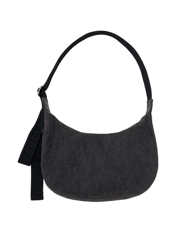 BAGGU Medium Denim Crescent Bag - Washed Black Denim - Image 1