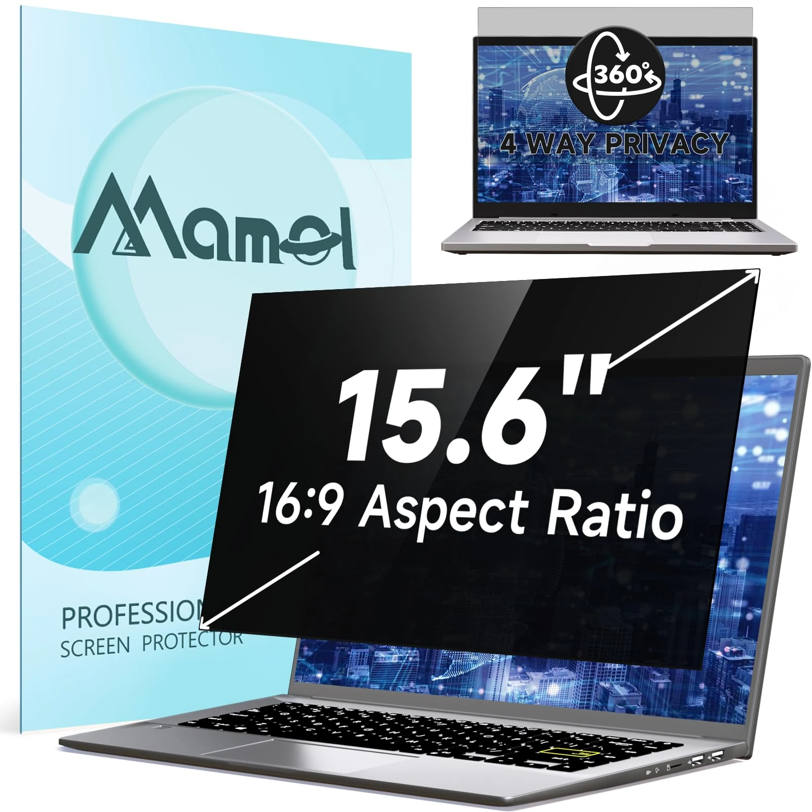 Mamol 360°Laptop Privacy Screen 15.6 Inch 16:9, 4 Way Computer Monitor Privacy Shield, Matte Anti Glare Blue Light Filter Compatible with Lenovo Hp Dell Acer Asus Thinkpad Envy Xps