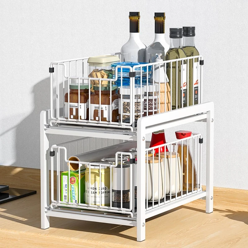 2 Tier Base Cabinet Organiser Carbon Steel Kitchen Cabinet Organiser with 2 Basket Drawers Sink Cabinet Organiser Sink Cabinet Shelf Extendable Spice Rack Kitchen Organiser 26 W x 37 D x 38.5 H cm