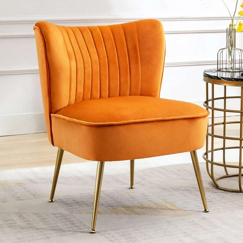 Ya-Home Velvet Accent Chair Occasional Tub Chair with Golden Metal Legs Upholstered Wingback Corner Chair for Living room, Orange