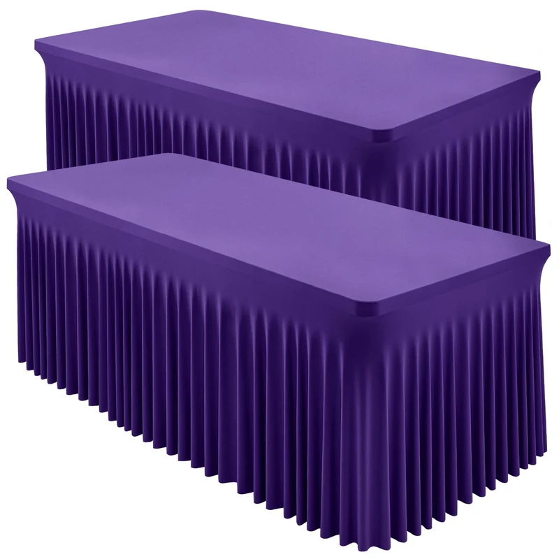 2 Packs Purple Spandex Table Covers 8 Foot, Fitted Stretch Table Cloth with Skirts 96x30 Inch, Wrinkle-Free Floor Length Rectangle Tablecloths for Trade Show Weddings Parties Banquets Events