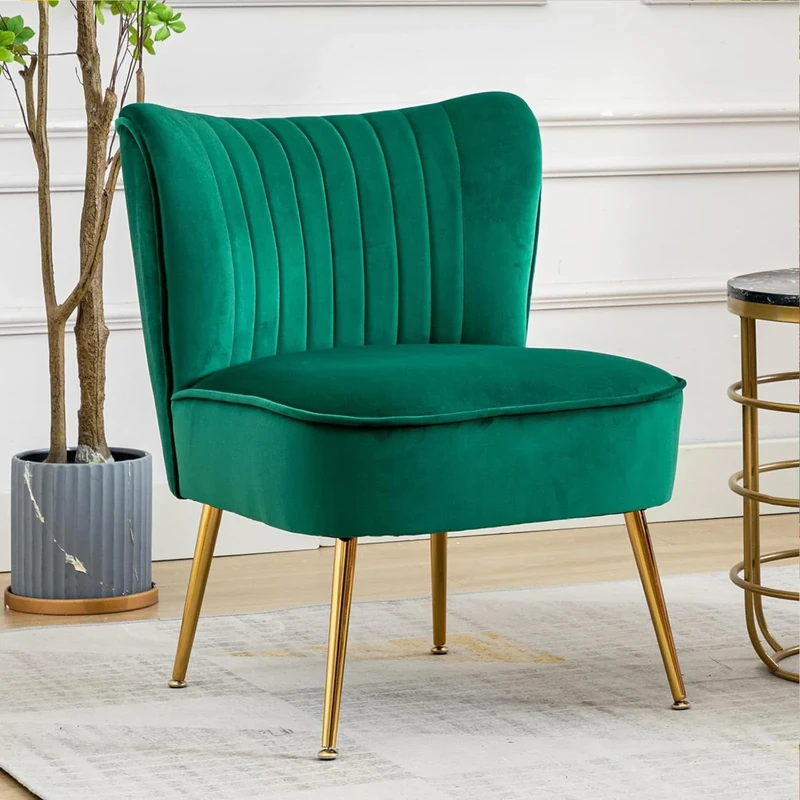 Ya-Home Velvet Accent Chair Occasional Tub Chair with Golden Metal Legs, Armless Side Chair for Living room, Green