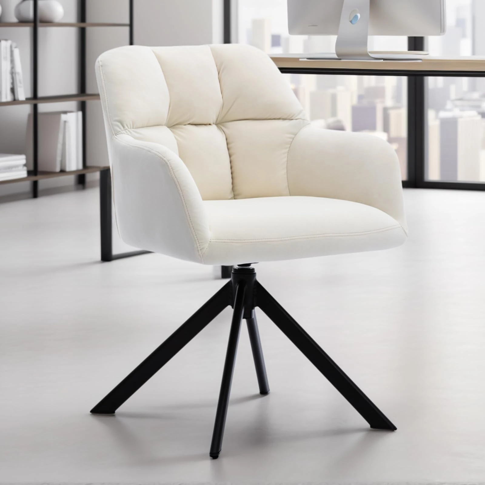 Ya-Home Velvet Home Office Chair Modern Swivel Armchair with Metal Legs, Occasional Desk Accent Chair for Living Room/Bedroom, Beige