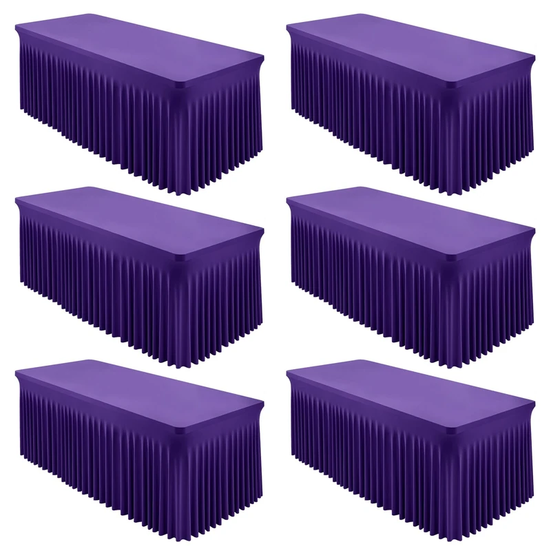 6 Packs Purple Spandex Table Covers 8 Foot, Fitted Stretch Table Cloth with Skirts 96x30 Inch, Wrinkle-Free Floor Length Rectangle Tablecloths for Trade Show Weddings Parties Banquets Events
