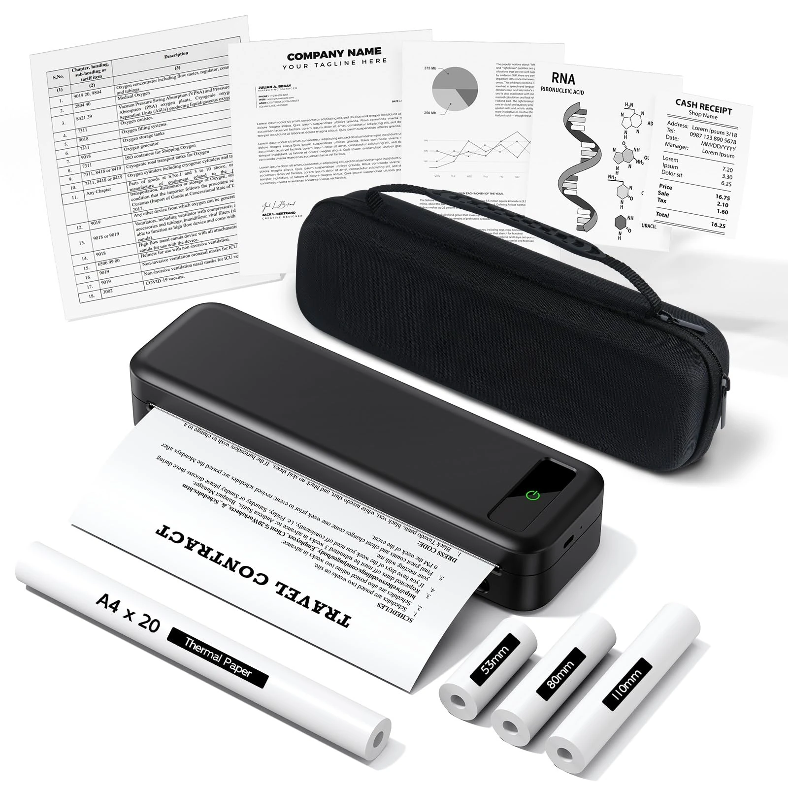 TATTMUSE Portable Thermal Printer A4 Inkless Wireless Bluetooth Compatible with iOS & Android, Small Travel Mobile Receipt Printer with 4 Rolls of Thermal Paper & 1 Carry Bag - Black