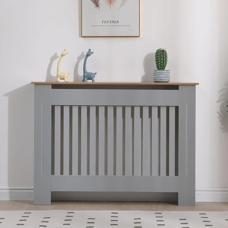 Vivo Technologies Radiator Cover Grey Modern Horizontal Slats, Medium Radiator Cover Grill Shelf Cabinet MDF Wood Decorative Heater Cover,Grey,W 112 x H 82 x D 19 cm