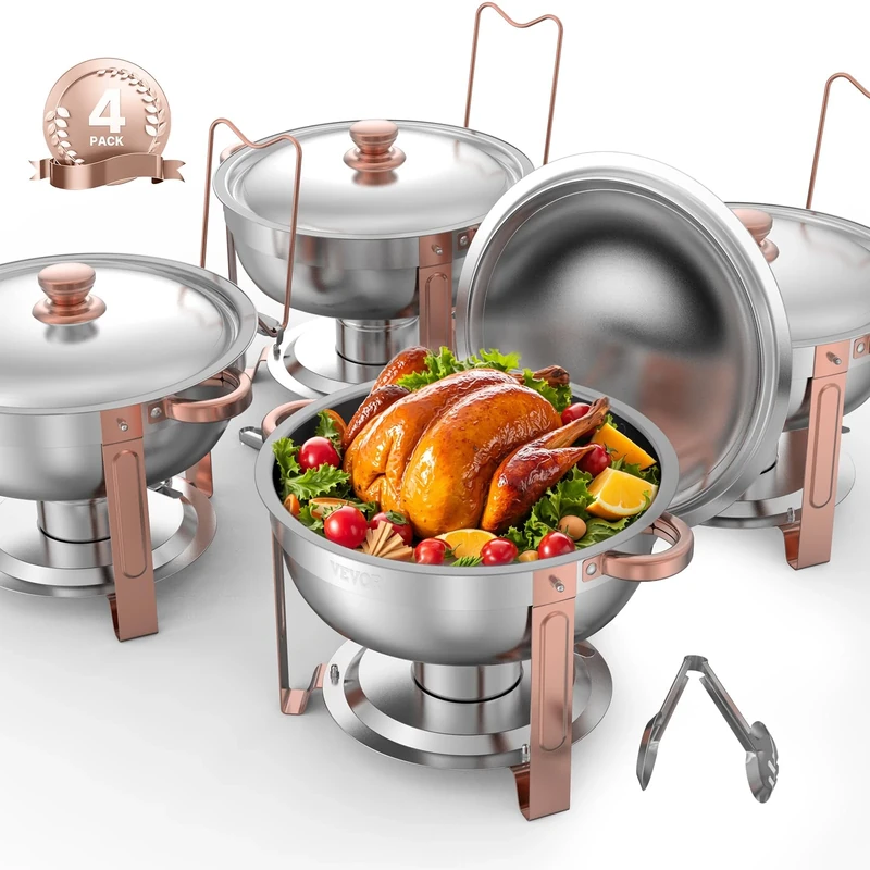 VEVOR Chafing Dish Buffet Set, 5 Qt 4 Pack, Stainless Steel Chafer with 4 Full Size Pans, Round Catering Warmer Server with Lid Water Pan Folding Stand Clip, for Weddings Parties Banquets, Rose Gold