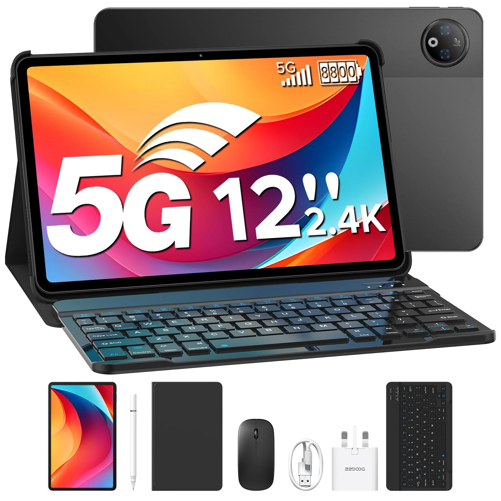 DOOGEE V Pad 5G Tablets 12 inch Android, Dimensity 7050 Android 15 Tablets with SIM Card Slot, 2.4K Display, 8800mAh 32GB+256GB Gaming Tablet, Gemini AI Tablet with Keyboard, Pen, Mouse, Case-Black