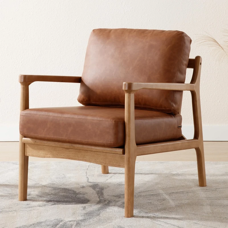 Ya-Home Retro Accent Chair in PU Leather Occasional Lounge Chair with Wood Frame, Leisure Tub Chair Comfy Armchair for Living Room/Bedroom, Brown