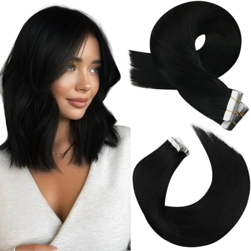 Moresoo Tape in Hair Extensions Human Hair 40pcs Jet Black Real Remy Human Hair Extensions Tapes in Straight Shoulder-length Hair for Natural Looking Daily Use 14 Inch 80g #1