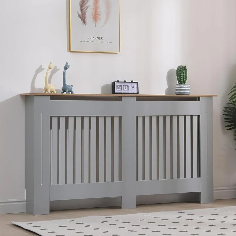 Vivo Technologies Radiator Cover Grey Modern Horizontal Slats, Large Radiator Cover Grill Shelf Cabinet MDF Wood Decorative Heater Cover,Grey,W 152 x H 82 x D 19 cm