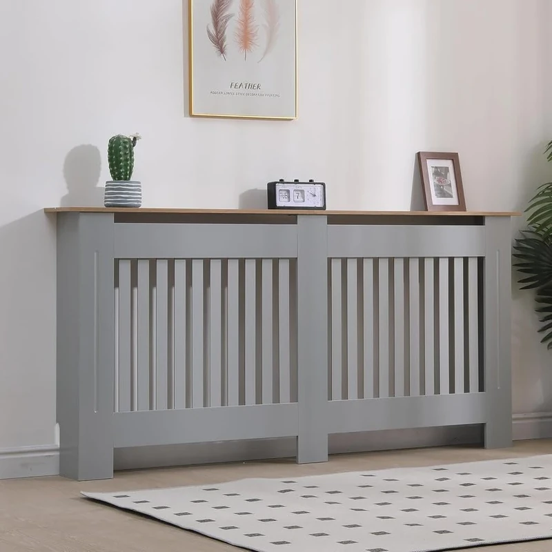 Vivo Technologies Radiator Cover Grey Modern Horizontal Slats, Extra Large XL Radiator Cover Grill Shelf Cabinet MDF Wood Decorative Heater Cover,Grey,W 172 x H 82 x D 19 cm