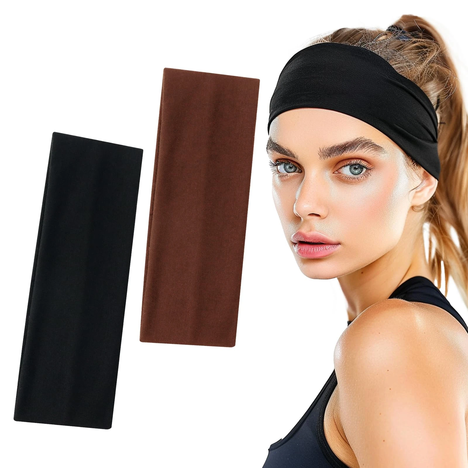 Sularpek 2 Pack Headbands for Women's Hair, Soft Stretchy Hair Band, Head Bands Adult Women, Fabric Headband for Makeup, Yoga, Running, Unisex Gym Yoga Headbands(Black and Brown)
