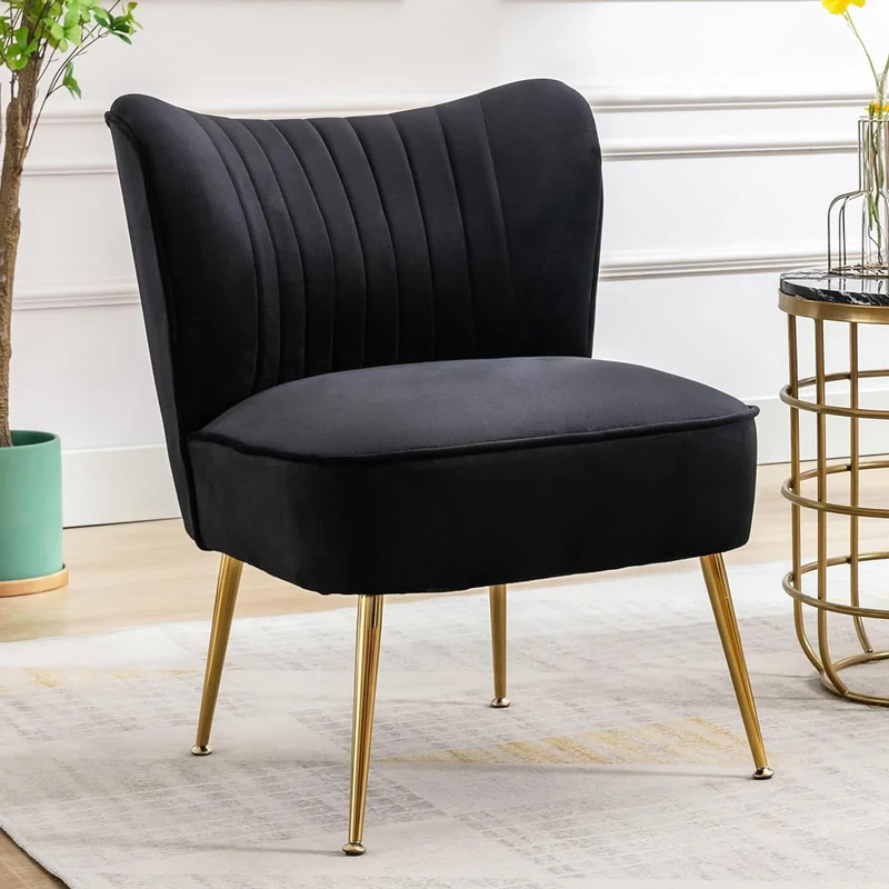 Ya-Home Velvet Accent Chair Occasional Tub Chair with Golden Metal Legs Upholstered Wingback Corner Chair for Living room, Black