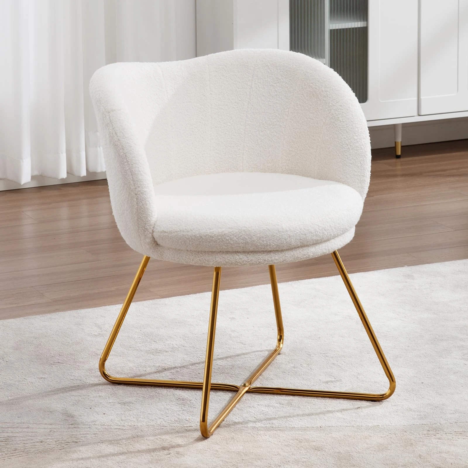 Ya-Home Modern Accent Chair in Faux Fur with Gold Metal Legs, Occasional Tub Chairfor Bedroom/Living Room, White