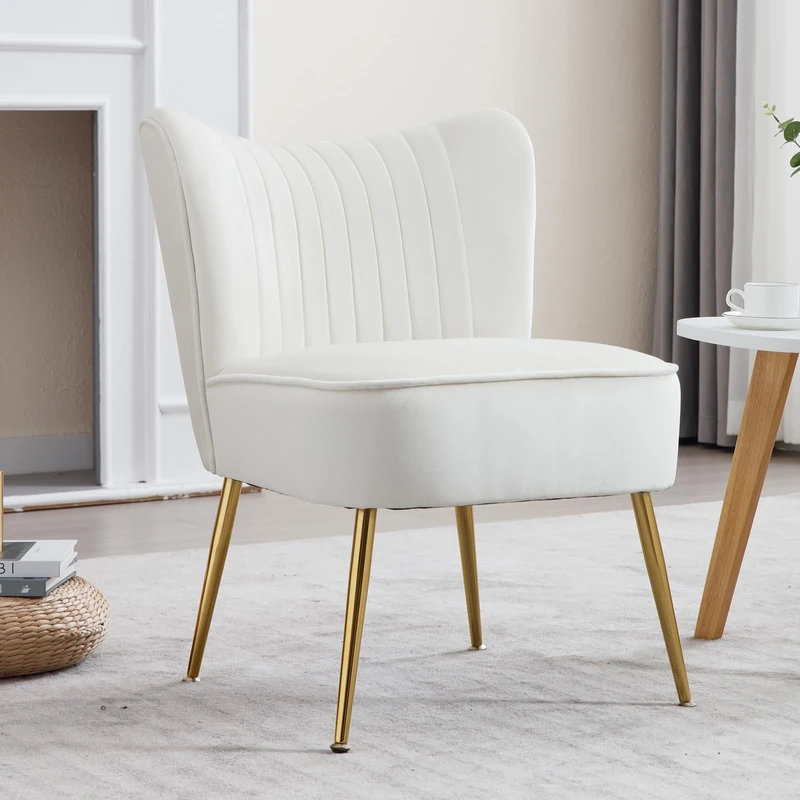 Ya-Home Velvet Accent Chair Upholstered Occasional Tub Chair with Golden Metal Legs Wingback Armless Side Chair for Living room, Beige