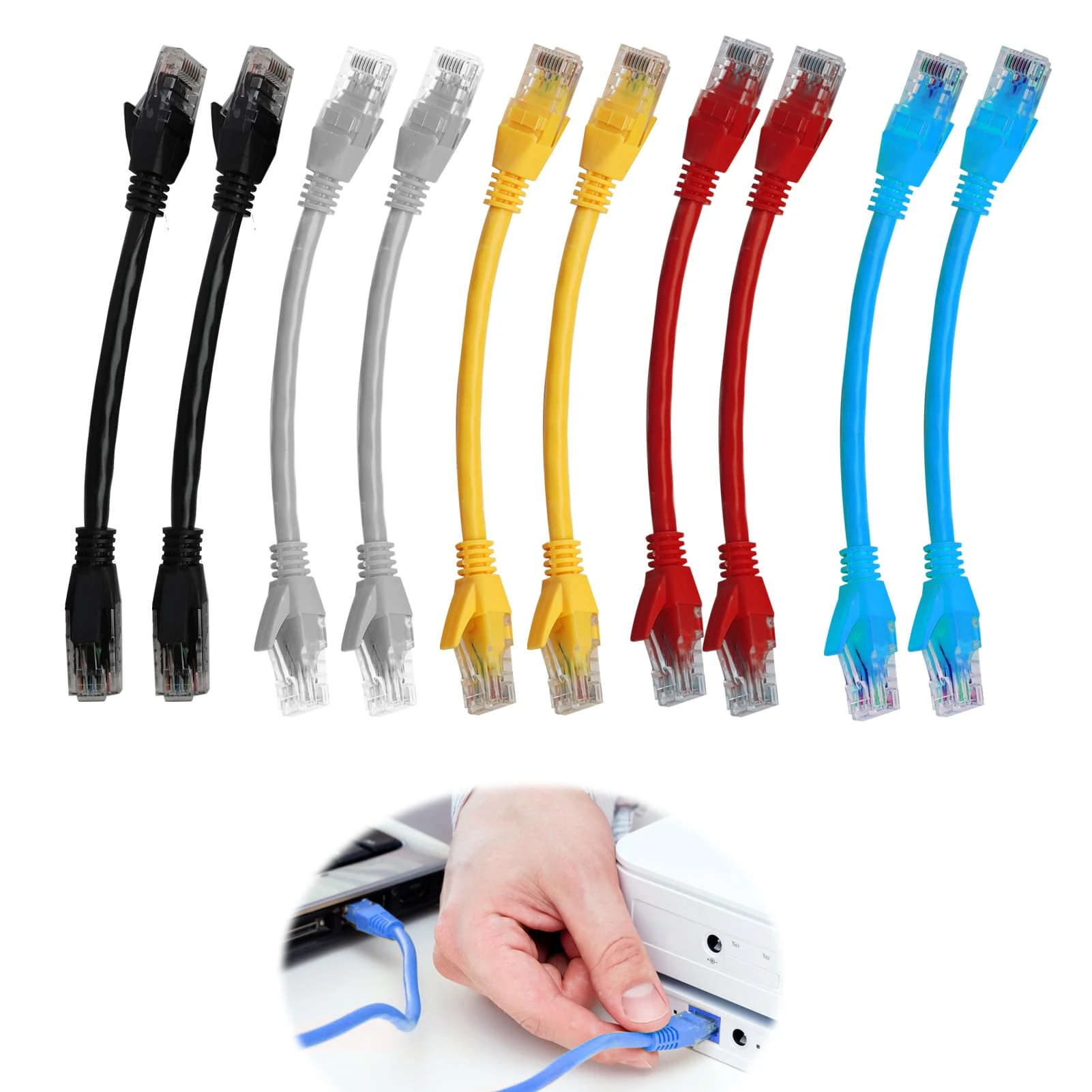 FunWorth 10 Pcs Short Cat6 Ethernet Patch Cable 0.5ft/15cm, High-Speed 1000Mbps Network LAN Patch Leads with RJ45 Connectors, Mixed Colors for Router, Modem, Switch, PC, TV, Gaming, and Office Use