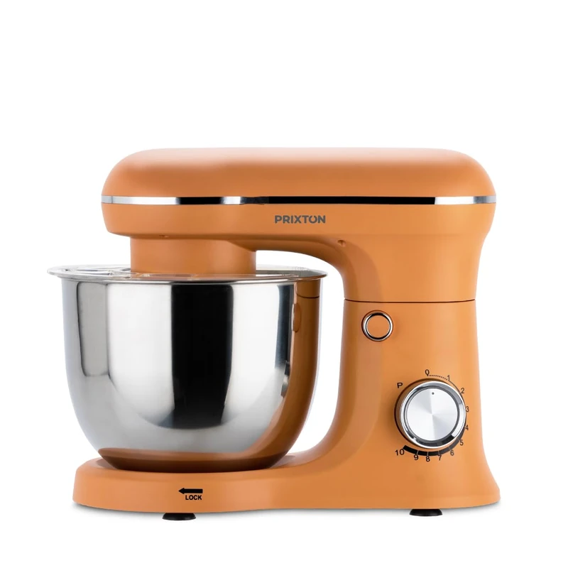PRIXTON KR250 Pastry Mixer, Power 1500W, 10 Speed, 5 Litre Stainless Steel Bowl, 3 Accessories, Transparent Lid, Matte Orange