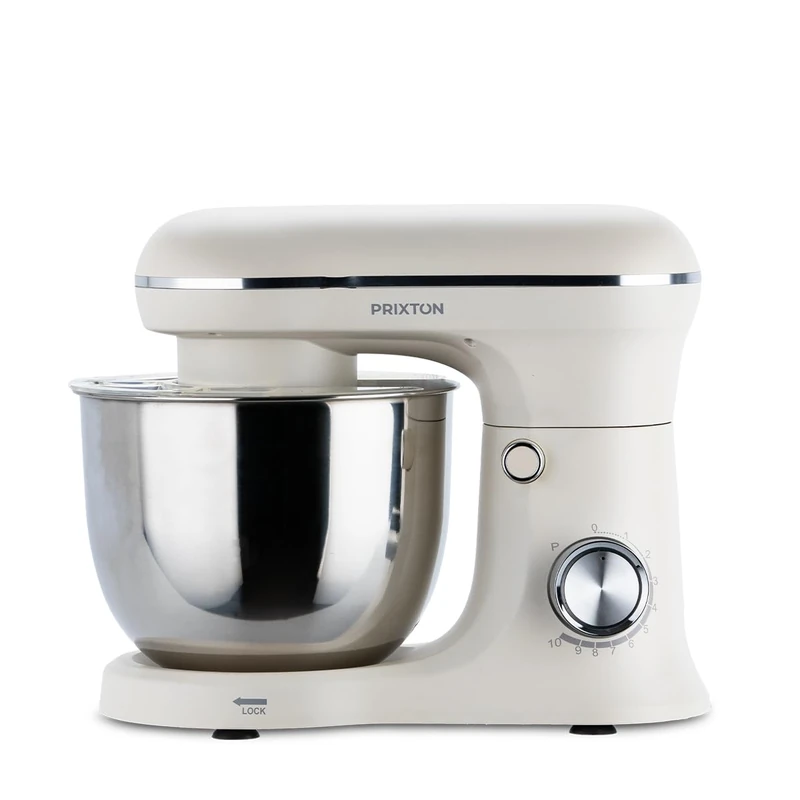PRIXTON KR250 Dough Mixer for Pastry, 1500W Power, 10 Speed, 5 Litre Stainless Steel Bowl, 3 Accessories, Transparent Lid (Cream White)