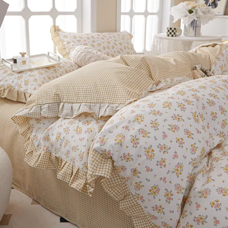 MKXI Twin XL Size Pink & Yellow Floral Ruffled Comforter Set - 3 Piece Cottagecore Style Reversible Bed Set with Beige Plaid Pattern, Soft Aesthetic Bedding Set for Girls Wome