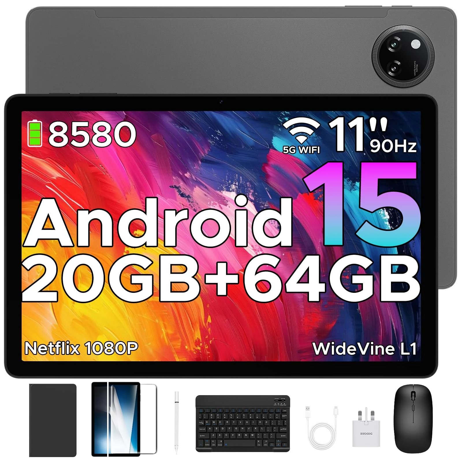 DOOGEE TAB A9+ 2025 Newest 11 Inch Android 15 Tablet, 8580mAh Tablet With Keyboard, T7200 Octa Core Android Tablets, 20GB + 64GB/2TB Tablets With Pen, 13+5MP, 2 Speakers + Widevine L1, Mouse & Case