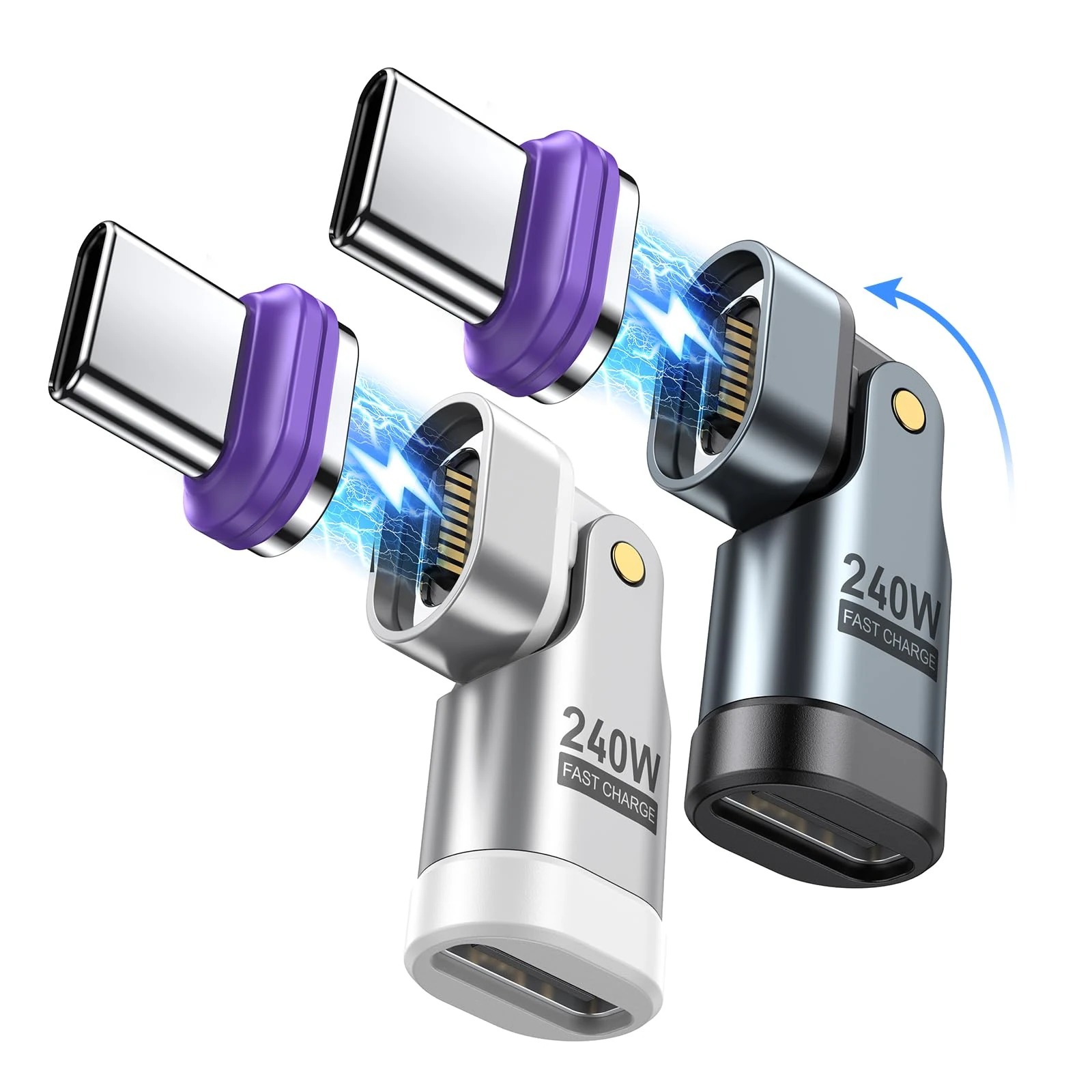 AUFU 240W USB C Magnetic Adapter [2Pack], 16PIN 180° Rotatable USB C Magnetic 48V/5A, Type C Adapter for Phone15 16 Pro Max, Pad 10 11 Mini 6 Air, Galaxy S24, Mac-Book Pro & Type C Devices