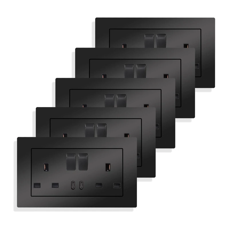 JIMEIDA 5 Pack Double Switched Socket Black 13 Amp with 2 Type-C Charging Ports Crystal Wall Outlet Electric Power Socket 146mm*86mm