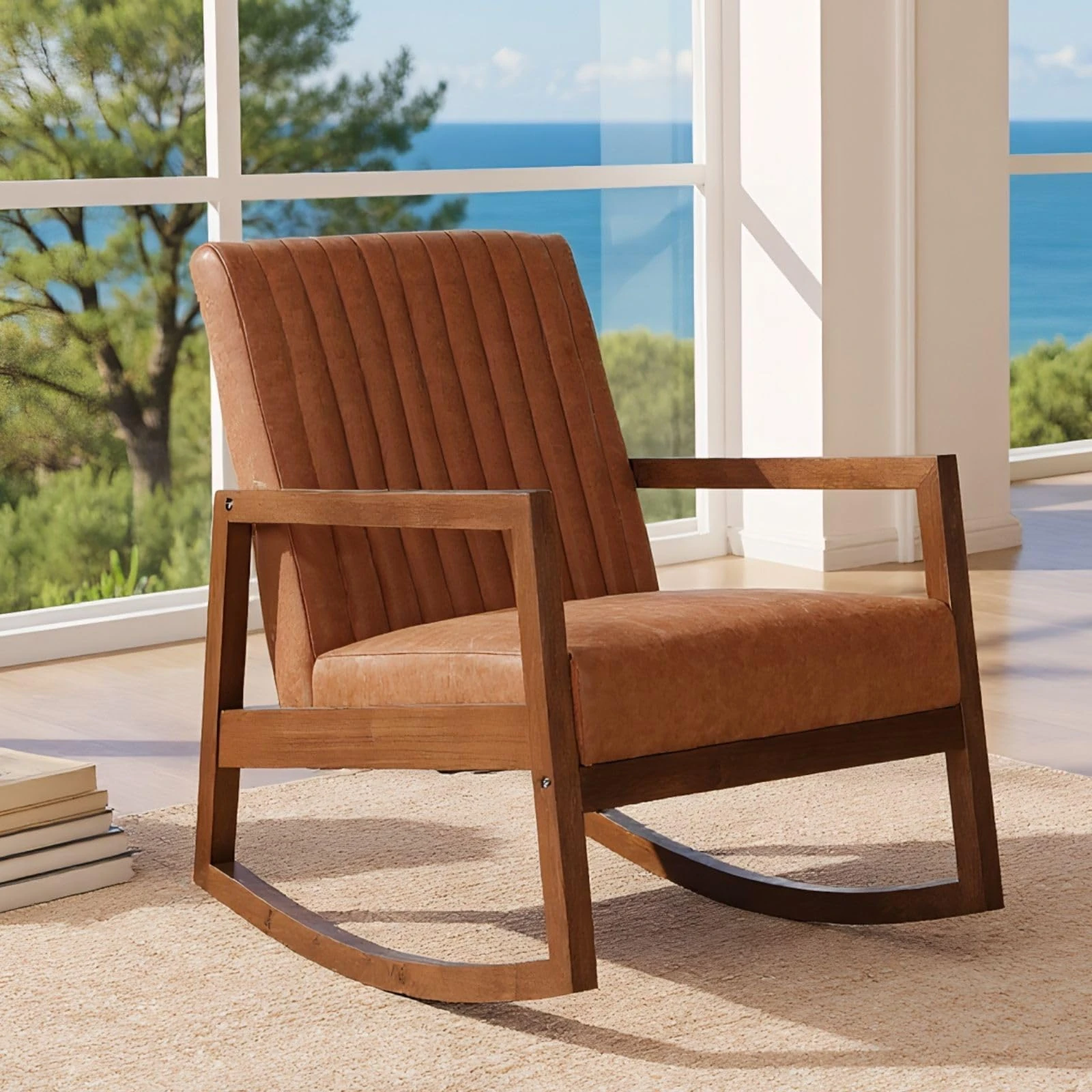 chairus Rocking Chair for Living Room PU Leather Reading Armchair Upholstered Accent Relax Chair with Wood Legs (Brown)