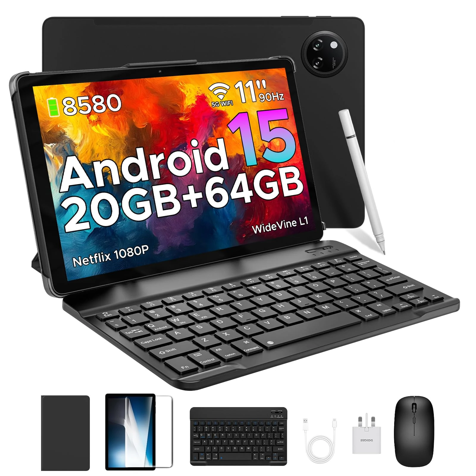 DOOGEE TAB A9+ 2025 Newest 11 Inch Android 15 Tablet, 8580mAh Tablet With Keyboard, T7200 Octa Core Android Tablets, 20GB + 64GB/2TB Tablets With Pen, 13+5MP, 2 Speakers + Widevine L1, Mouse & Case