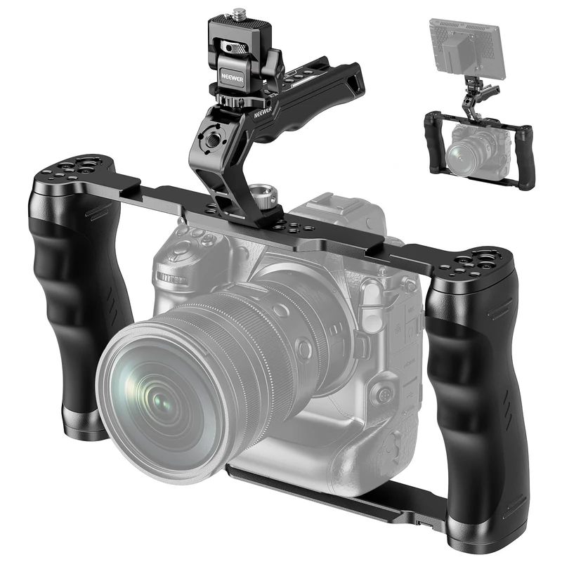 NEEWER Universal Camera Cage with Top Handle & Cold Shoe Monitor Mount, Arca Type Camera Gimbal Stabilizer Video Rig, Dual Handgrips & 3/8" for ARRI Compatible with SmallRig Accessories, CA016T+MA006