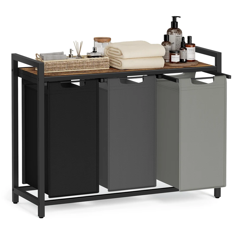 VASAGLE Laundry Basket, 3-Compartment Laundry Hamper, Pull-Out and Removable Liner Bags, Clothes Sorter, Shelf, Metal Frame, 3 x 40 L, 92.5 x 33 x 72 cm, Tricolour and Rustic Brown BLH301X01