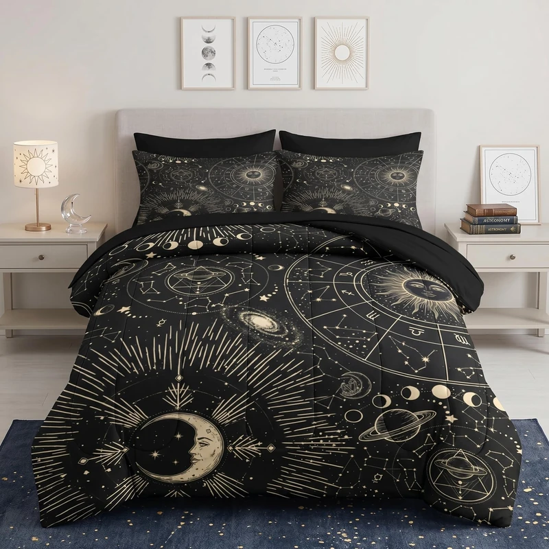 Pamnest Comforter Set Full Size, Sun Moon Astrology Bedding for Kids and Adults, Space Science Galaxy Retro Bed Sheet Sets with Fitted Sheet 2 Pillowcases & 2 Shams for Bedroom Bed Decor