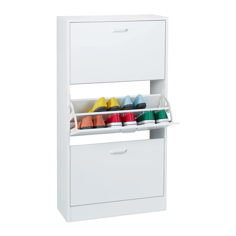 Relaxdays Shoe Cabinet, HWD: 113 x 60 x 24 cm, 3 Flip Drawers, Footwear Storage, Slim Cupboard, Hallway Rack, White, Fibreboard, Aluminium, Plastic