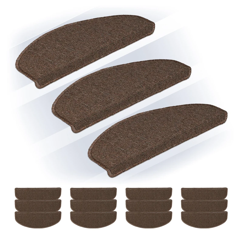 Relaxdays Stair Treads, Set of 15, Rounded Step Mats, 65 x 24 cm, Self-Adhesive, Non-Slip, Carpet Runner, Dark Brown, Plastic
