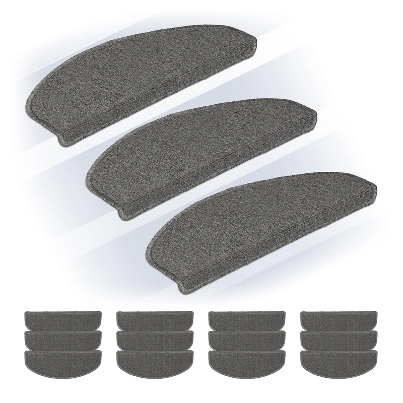 Relaxdays Stair Treads, Set of 15, Rounded Step Mats, 65 x 24 cm, Self-Adhesive, Non-Slip, Carpet Runner, Grey, Plastic - Image 1