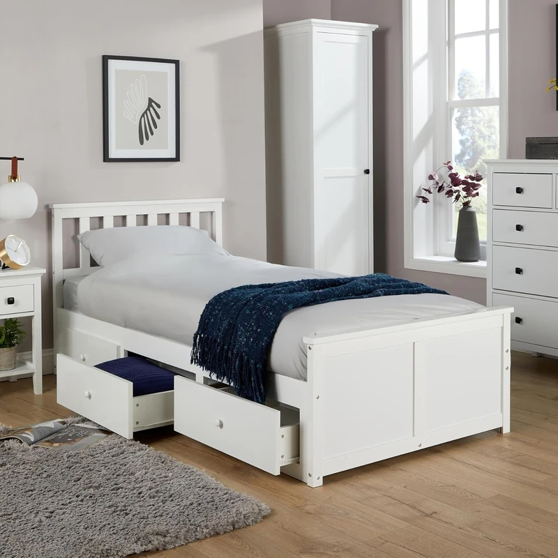 Home Source Bedroom Kid’s 3ft Single Bed, 3 Pull Out Storge Drawers, Guest Sleepover, Pine Wood, White