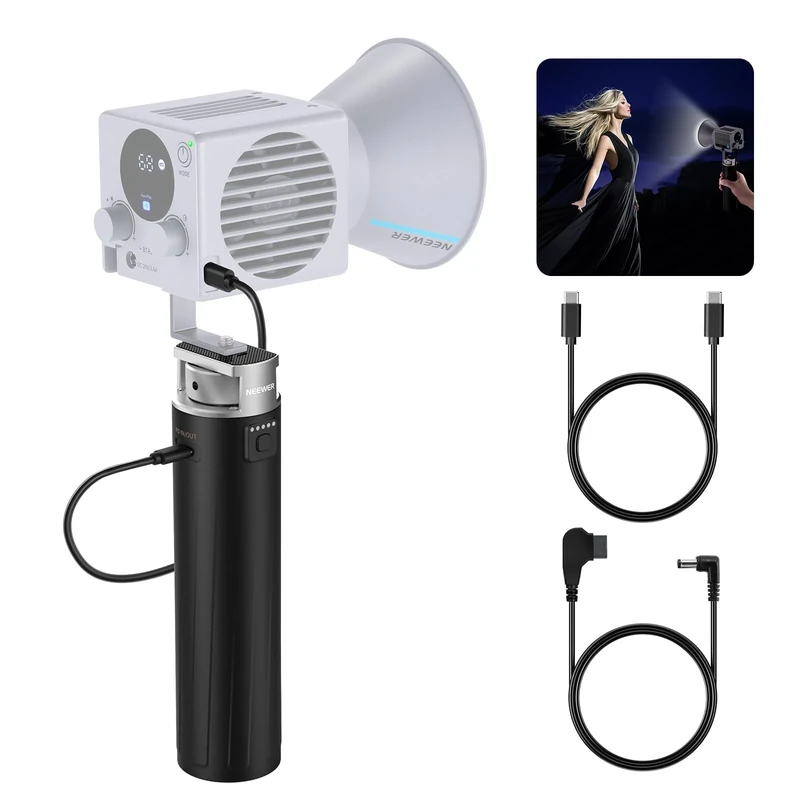 NEEWER Battery Grip Power Supply for HS MS HB Series COB Video Lights, 6800mAh/99Wh Type C PD 100W Output D TAP 14.4V/10A, Handheld Photography Light Stand for Travel Outdoor Video Recording, PH99E